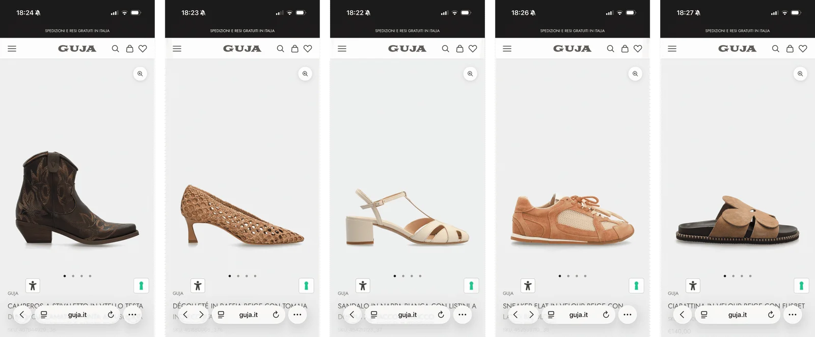 GUJA eCommerce product pages: ankle boots, pumps, sandals and sneakers