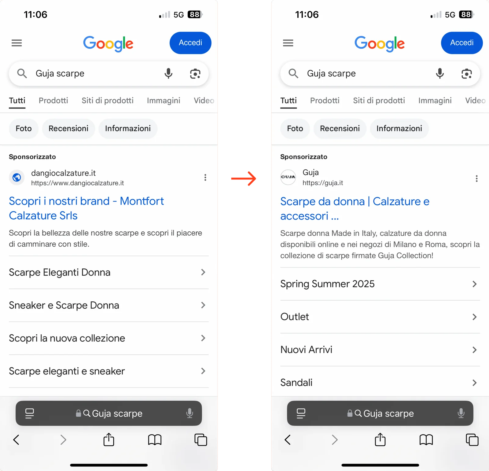 Before and after brand protection: GUJA visible again in Google searches for its own brand